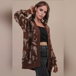 NWT Very J Oversized Western Graphic Knit Sweater Cardigan in Chocolate